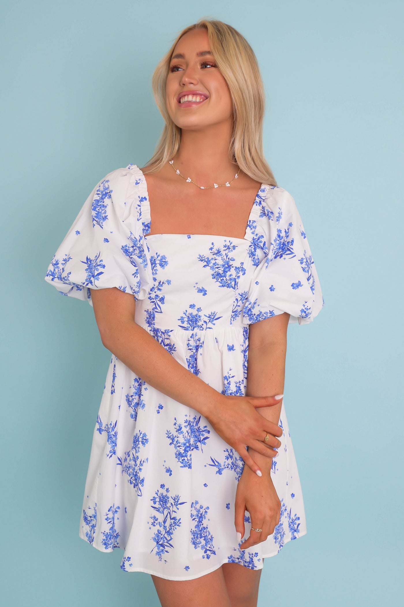 Puff Sleeve Babydoll Mini Dress- Women's Blue and White Floral Dress- SugarLips Mini Dress