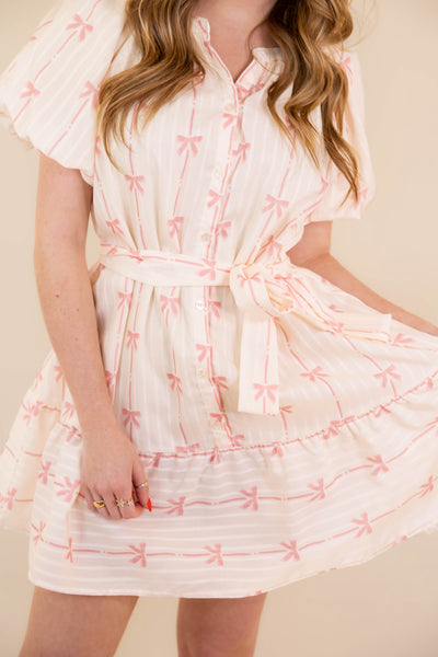  Ribbon Print Mini Dress- Women's Pink Bow Dress- Umgee Pink Bow Dress