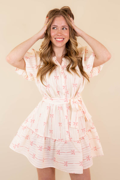  Ribbon Print Mini Dress- Women's Pink Bow Dress- Umgee Pink Bow Dress