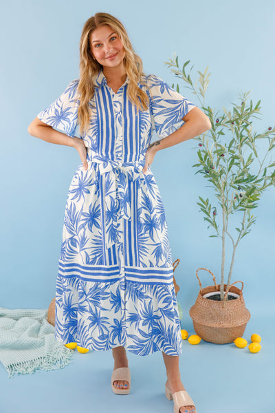 Blue Palm Print Midi Dress- Women's Vacation Dresses- Tropical Print Midi Dress