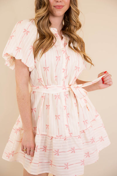  Ribbon Print Mini Dress- Women's Pink Bow Dress- Umgee Pink Bow Dress