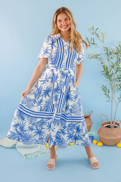 Blue Palm Print Midi Dress- Women's Vacation Dresses- Tropical Print Midi Dress