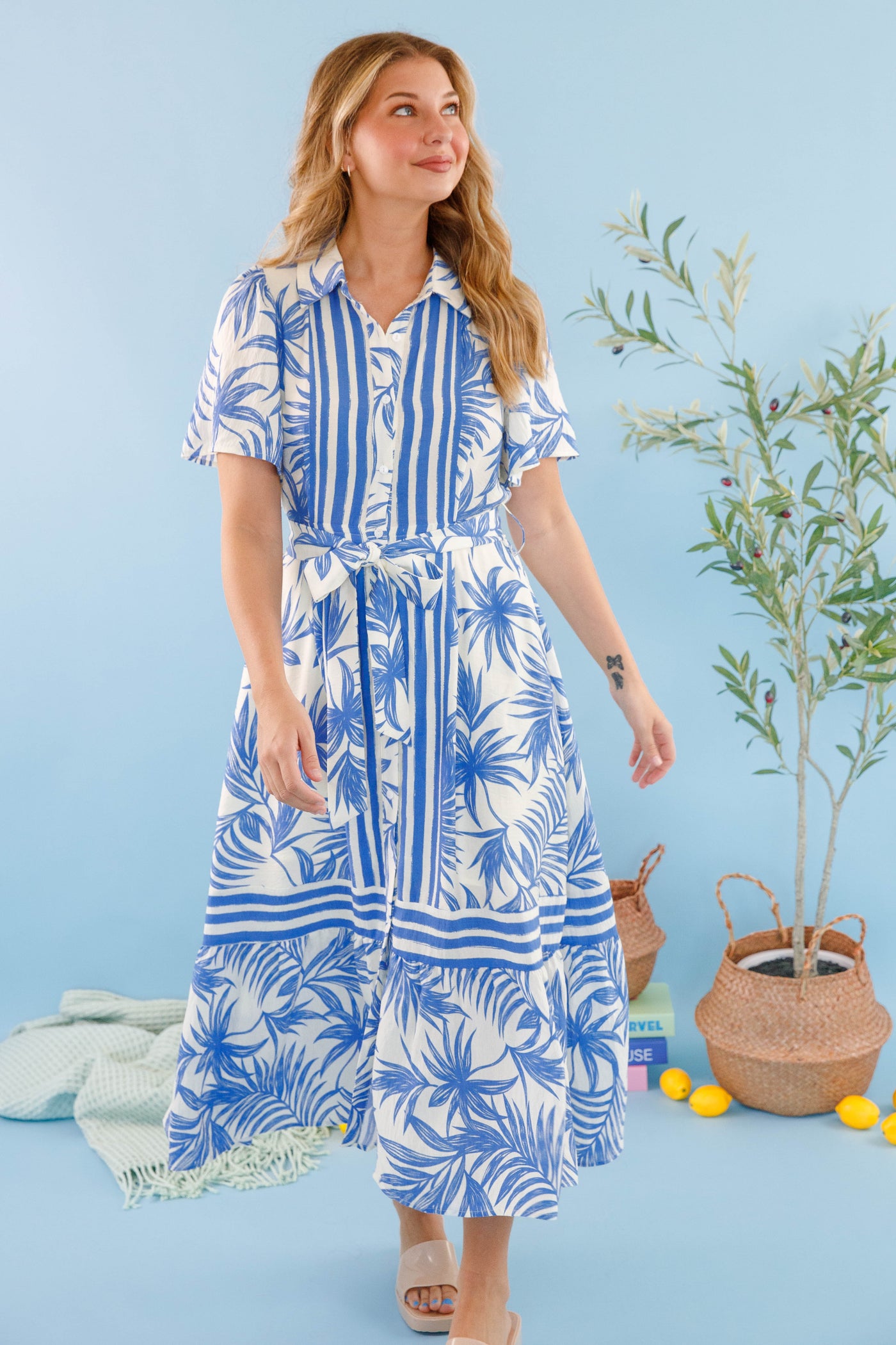 Blue Palm Print Midi Dress- Women's Vacation Dresses- Tropical Print Midi Dress