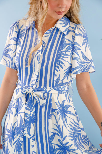 Blue Palm Print Midi Dress- Women's Vacation Dresses- Tropical Print Midi Dress