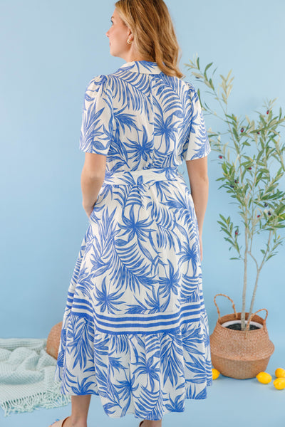 Blue Palm Print Midi Dress- Women's Vacation Dresses- Tropical Print Midi Dress