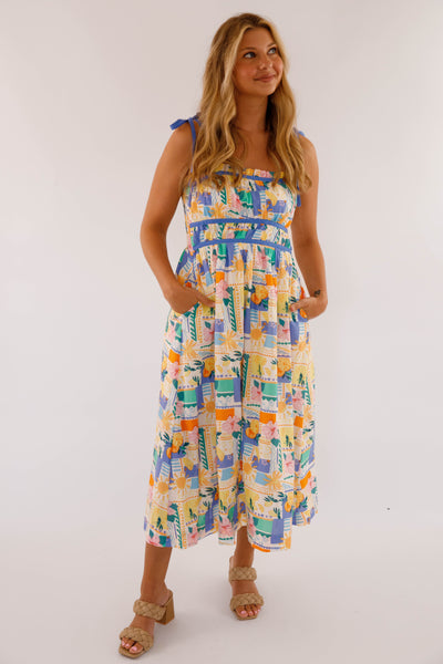 Women's Hibiscus and Citrus Print Midi Dress- Women's Cotton Midi Dress- Women's Vacation Dresses