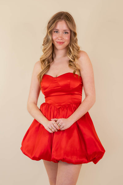 Women's Red Satin Mini Dress- Women's Strapless Mini Bubble Dress- One & Only Dresses