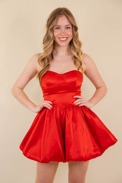 Women's Red Satin Mini Dress- Women's Strapless Mini Bubble Dress- One & Only Dresses