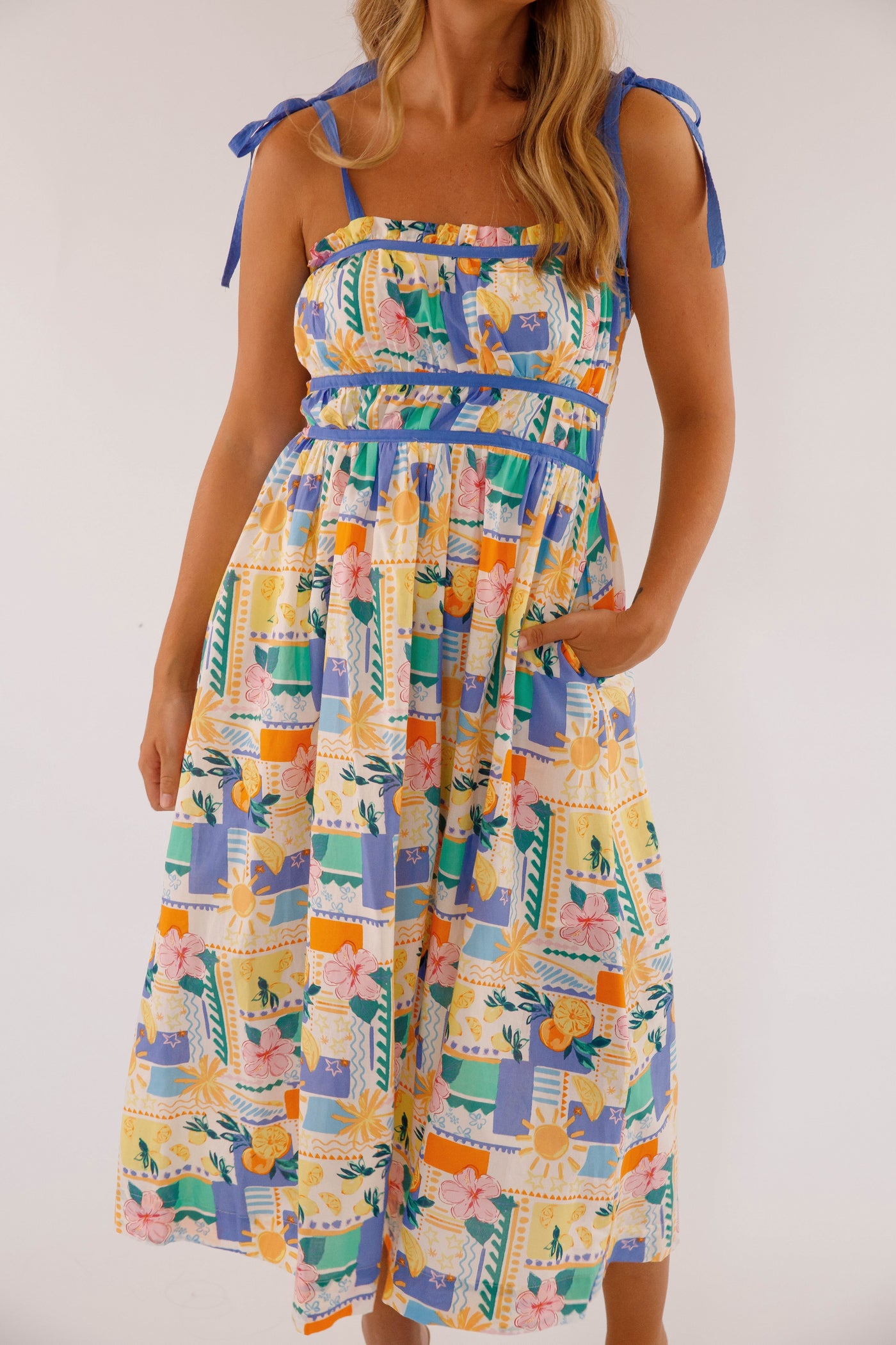 Women's Hibiscus and Citrus Print Midi Dress- Women's Cotton Midi Dress- Women's Vacation Dresses