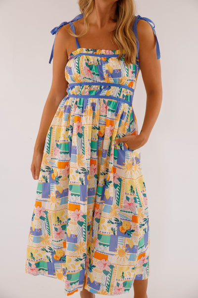 Women's Hibiscus and Citrus Print Midi Dress- Women's Cotton Midi Dress- Women's Vacation Dresses