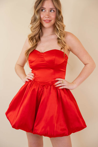 Women's Red Satin Mini Dress- Women's Strapless Mini Bubble Dress- One & Only Dresses