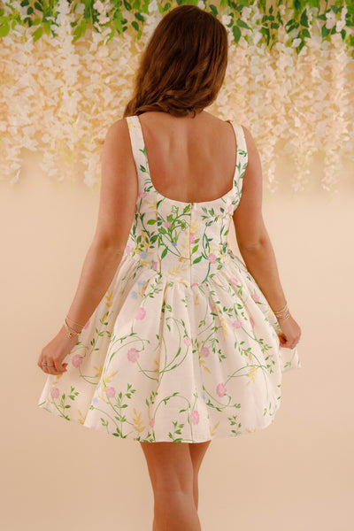 Feminine Silhouette Floral Mini Dress- Women's Colorful Flower Fit and Flare Dress