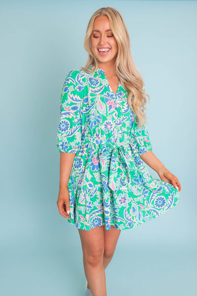 Women's Bright Floral Dress- Women's Preppy Dresses- Umgee Print Mini Dress