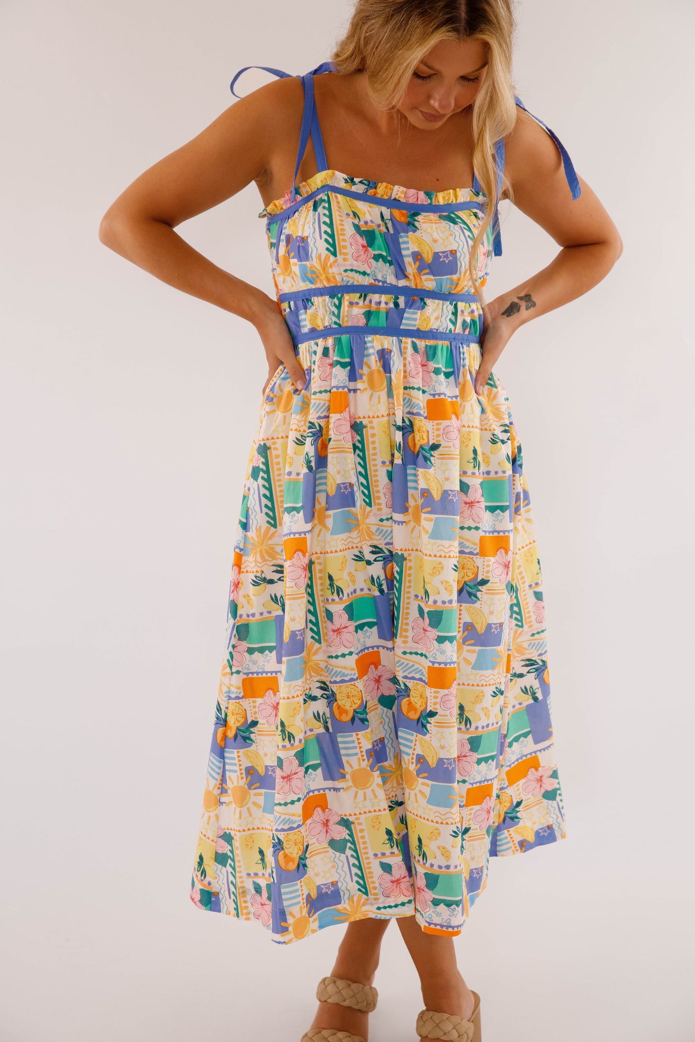 Women's Hibiscus and Citrus Print Midi Dress- Women's Cotton Midi Dress- Women's Vacation Dresses