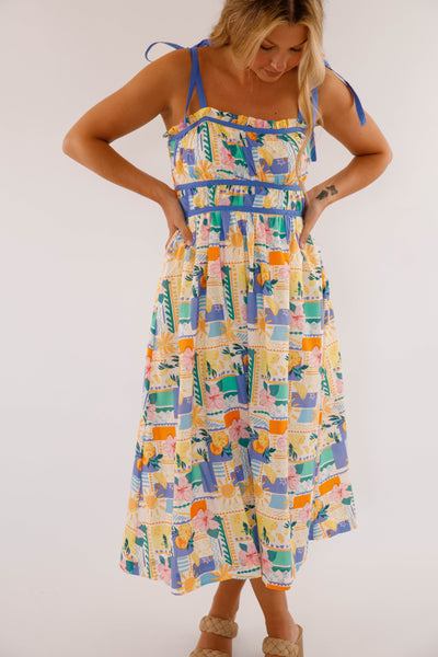 Women's Hibiscus and Citrus Print Midi Dress- Women's Cotton Midi Dress- Women's Vacation Dresses