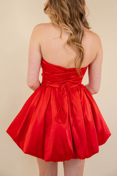 Women's Red Satin Mini Dress- Women's Strapless Mini Bubble Dress- One & Only Dresses
