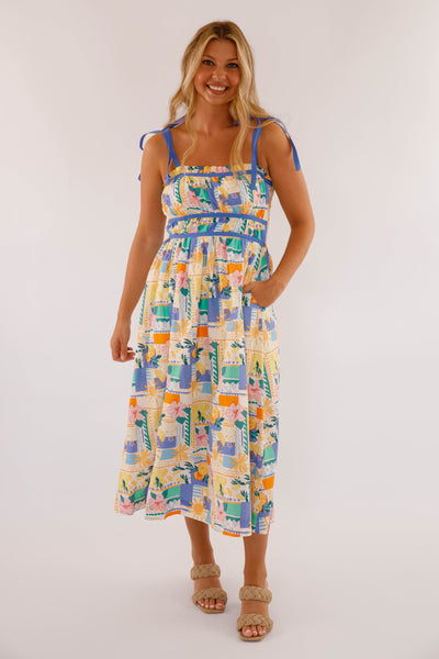 Women's Hibiscus and Citrus Print Midi Dress- Women's Cotton Midi Dress- Women's Vacation Dresses