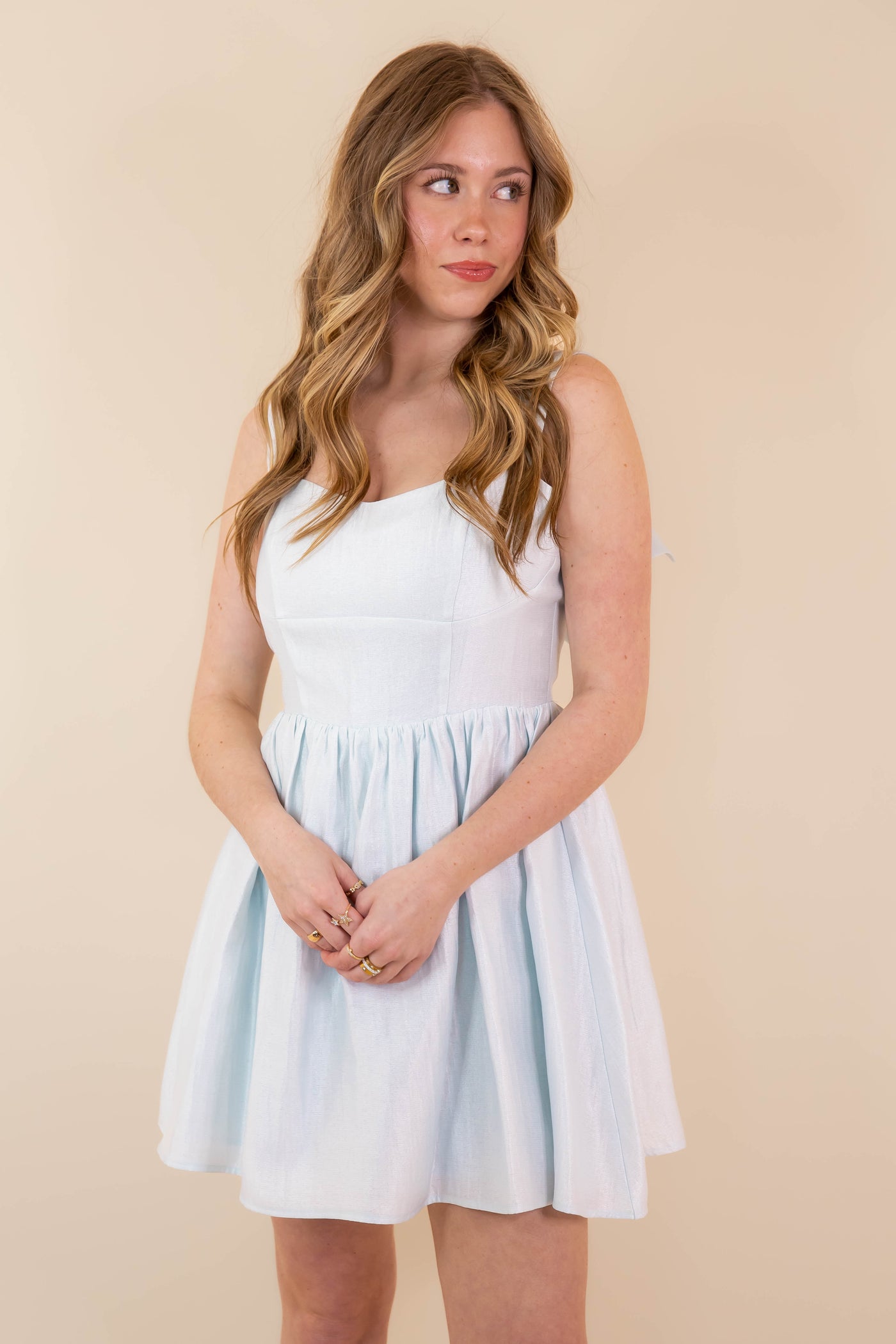Metallic Baby Blue Mini Dress- Women's Bow Back Dress- Blue Dress With Bows For Women