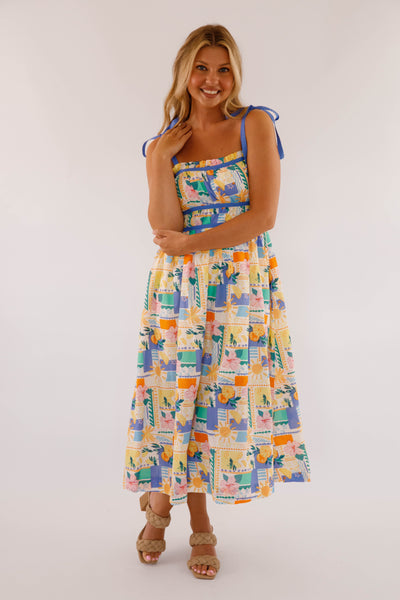 Women's Hibiscus and Citrus Print Midi Dress- Women's Cotton Midi Dress- Women's Vacation Dresses
