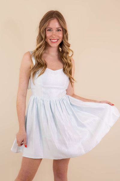 Metallic Baby Blue Mini Dress- Women's Bow Back Dress- Blue Dress With Bows For Women