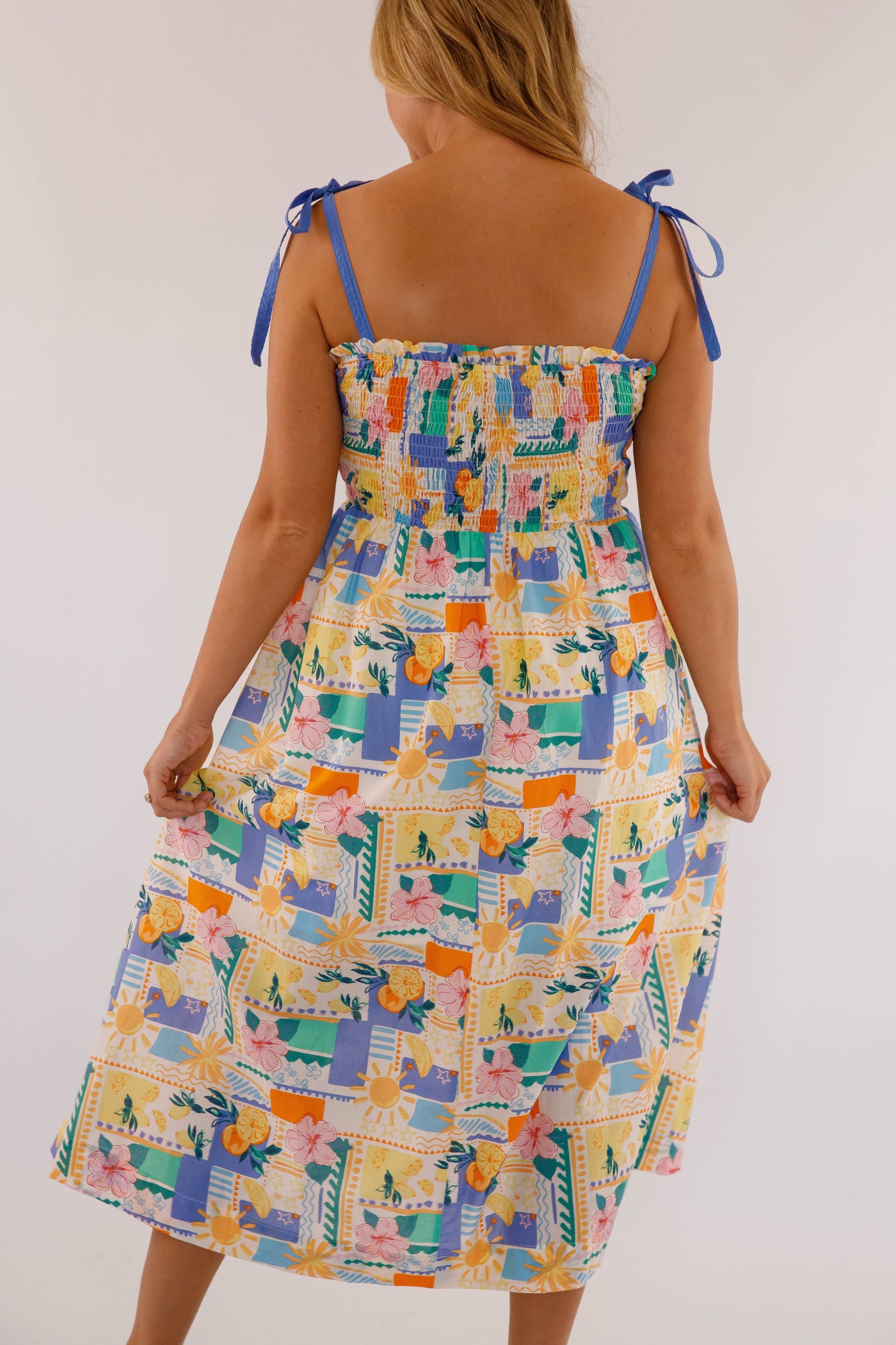 Women's Hibiscus and Citrus Print Midi Dress- Women's Cotton Midi Dress- Women's Vacation Dresses