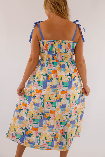 Women's Hibiscus and Citrus Print Midi Dress- Women's Cotton Midi Dress- Women's Vacation Dresses