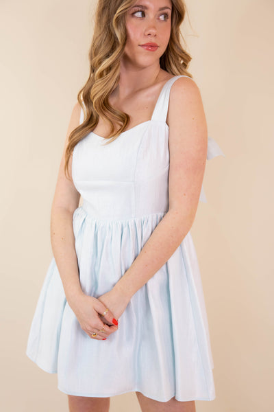 Metallic Baby Blue Mini Dress- Women's Bow Back Dress- Blue Dress With Bows For Women