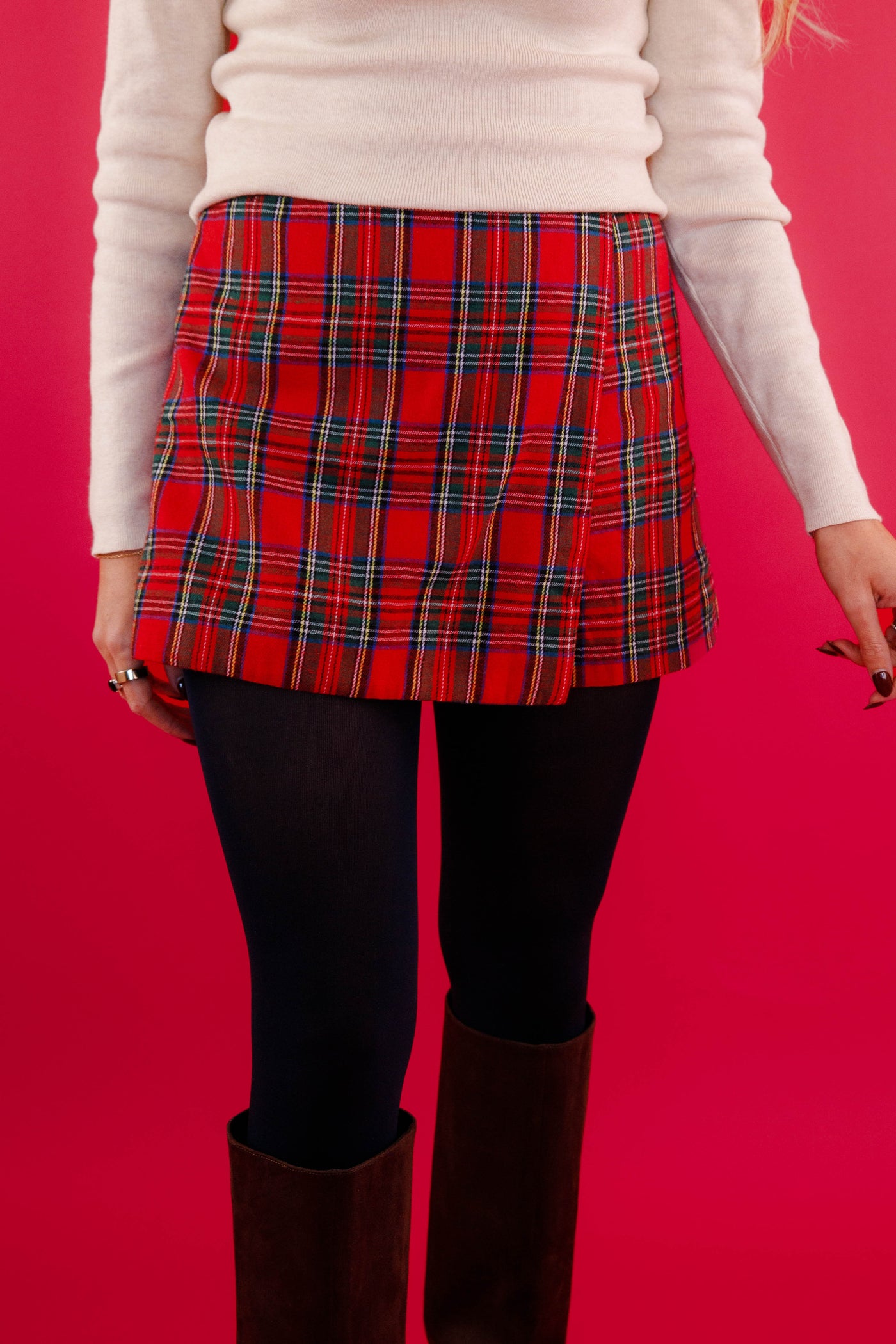 Women's Holiday Outfit- Red Plaid Christmas Skort- Entro Plaid Shorts