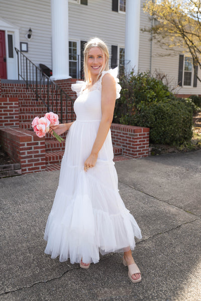 White Tulle Maxi Dress- Women's Cocktail Dresses- Mable White Tulle Dress