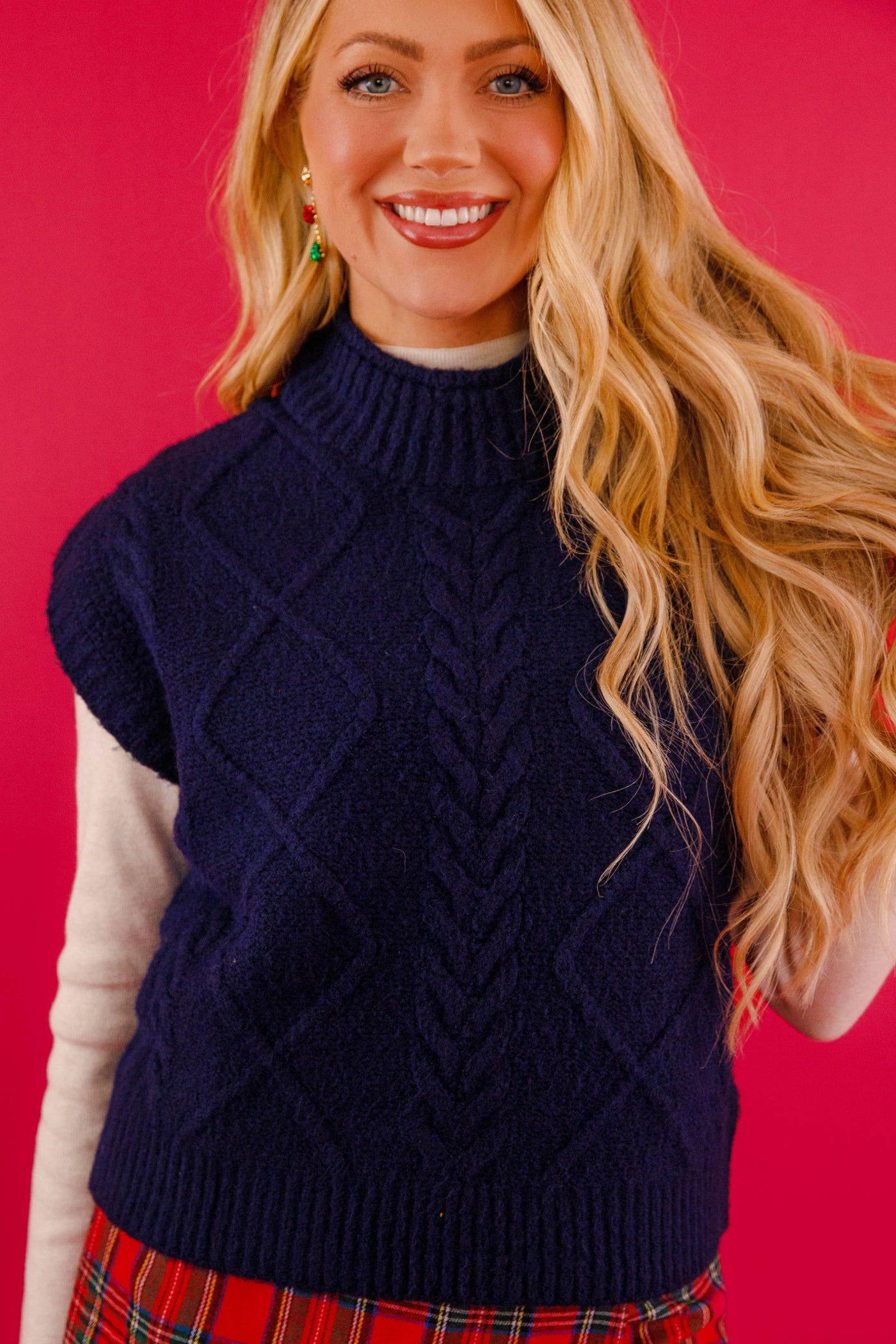 Navy Cable Knit Sweater Vest For Women- Women's Preppy Sweaters- Entro Navy Sweater