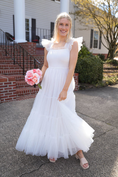 White Tulle Maxi Dress- Women's Cocktail Dresses- Mable White Tulle Dress