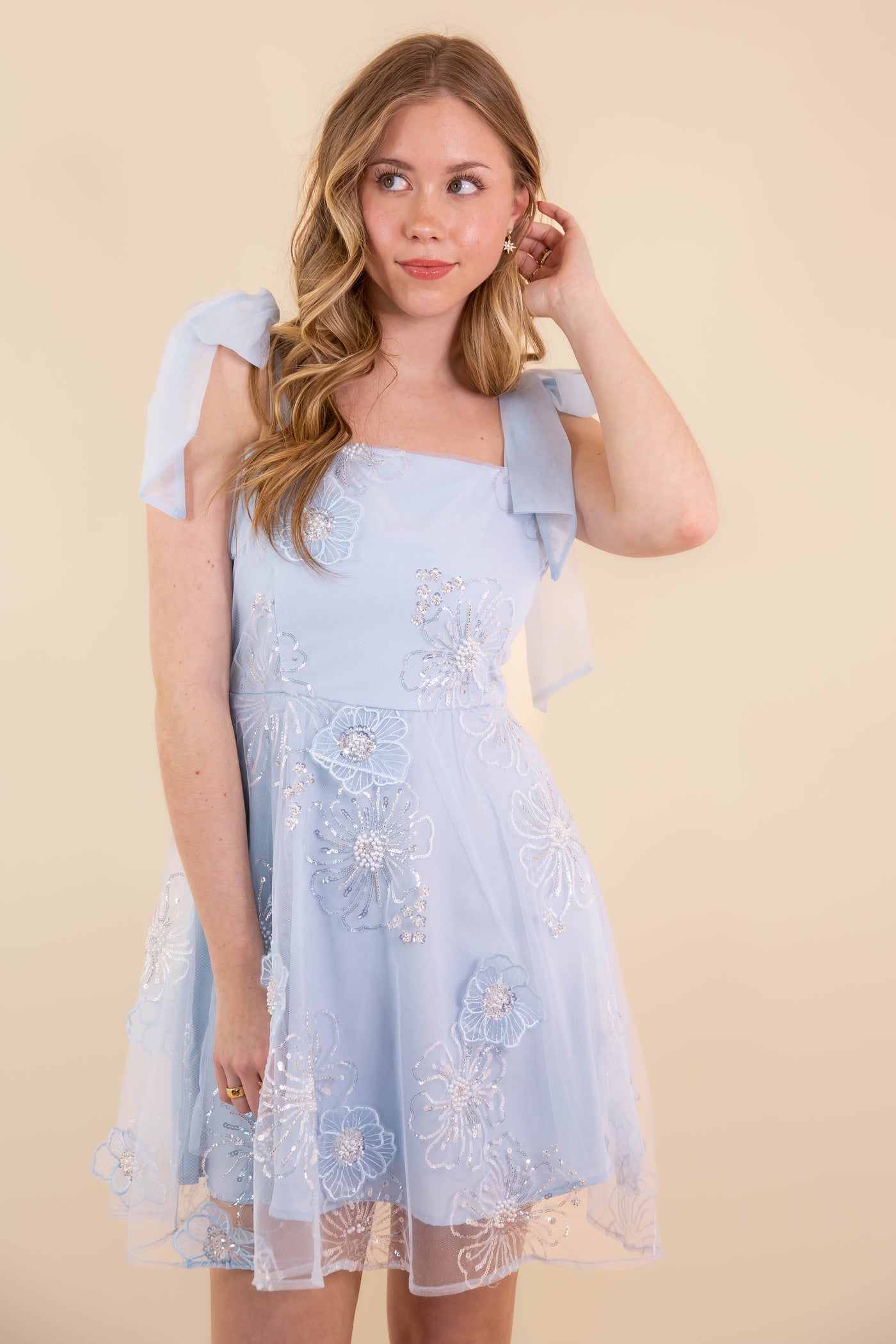 Women's Baby Blue Sequin Mini Dress Blue Tulle Mini Dress- JustMe Dresses