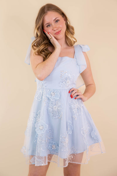 Women's Baby Blue Sequin Mini Dress Blue Tulle Mini Dress- JustMe Dresses