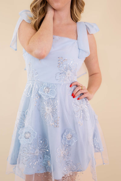 Women's Baby Blue Sequin Mini Dress Blue Tulle Mini Dress- JustMe Dresses