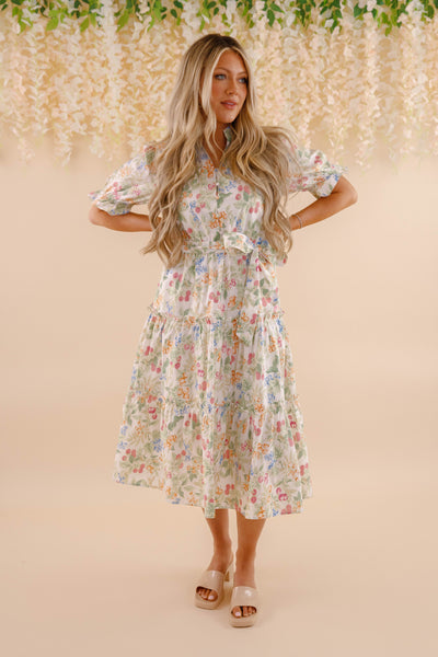Fruit and Floral Print Midi Dress- Women's Colorful Dresses- Cottagecore Midi Dress