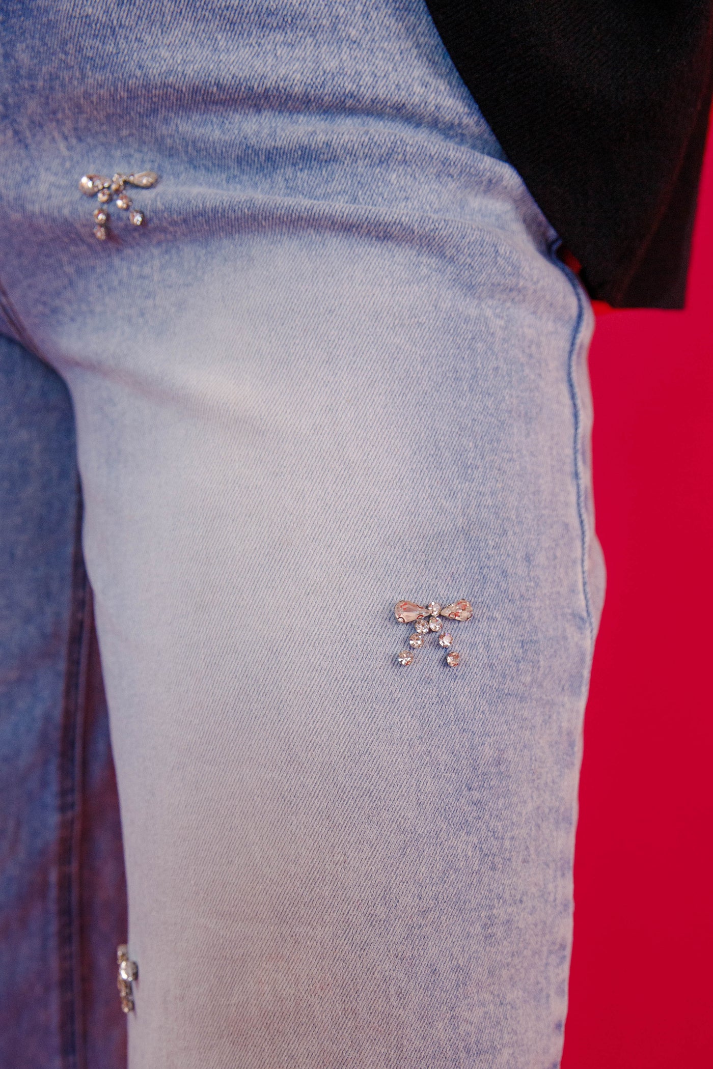 Rhinestone Bow Embellished Denim- Rhinestone Bow Denim- Blue B Rhinestone  Jeans