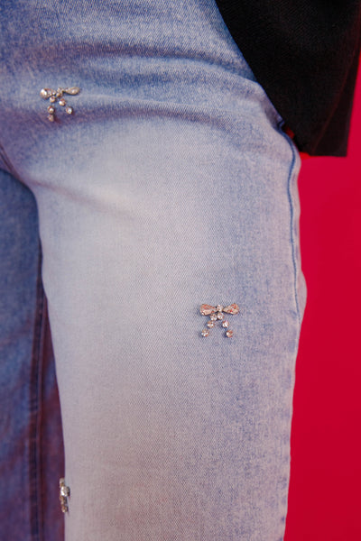 Rhinestone Bow Embellished Denim- Rhinestone Bow Denim- Blue B Rhinestone  Jeans