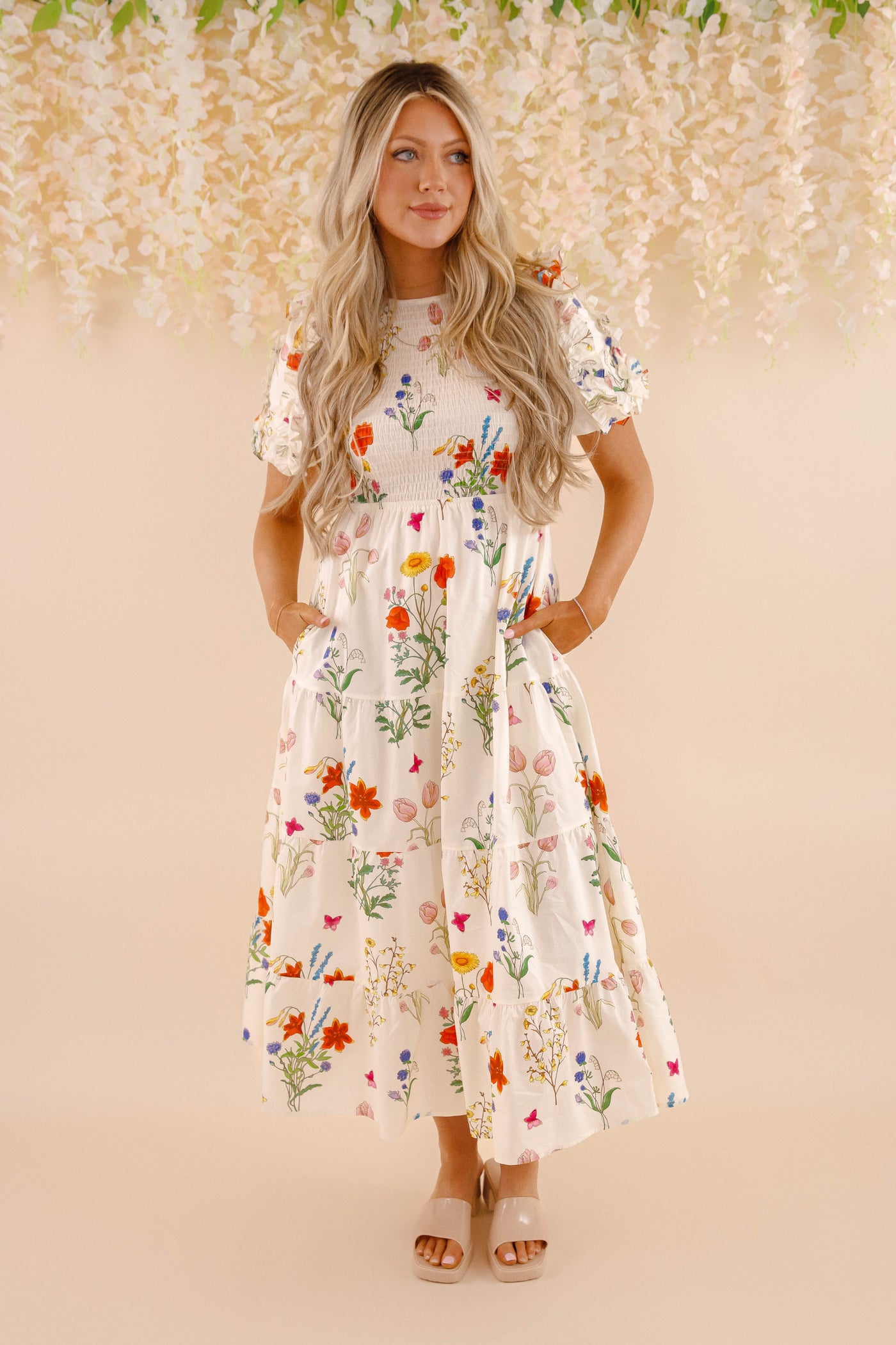 THML Floral Print Midi Dress- Women's Puff Sleeve Print Midi- Women's Spring Summer THML Dresses