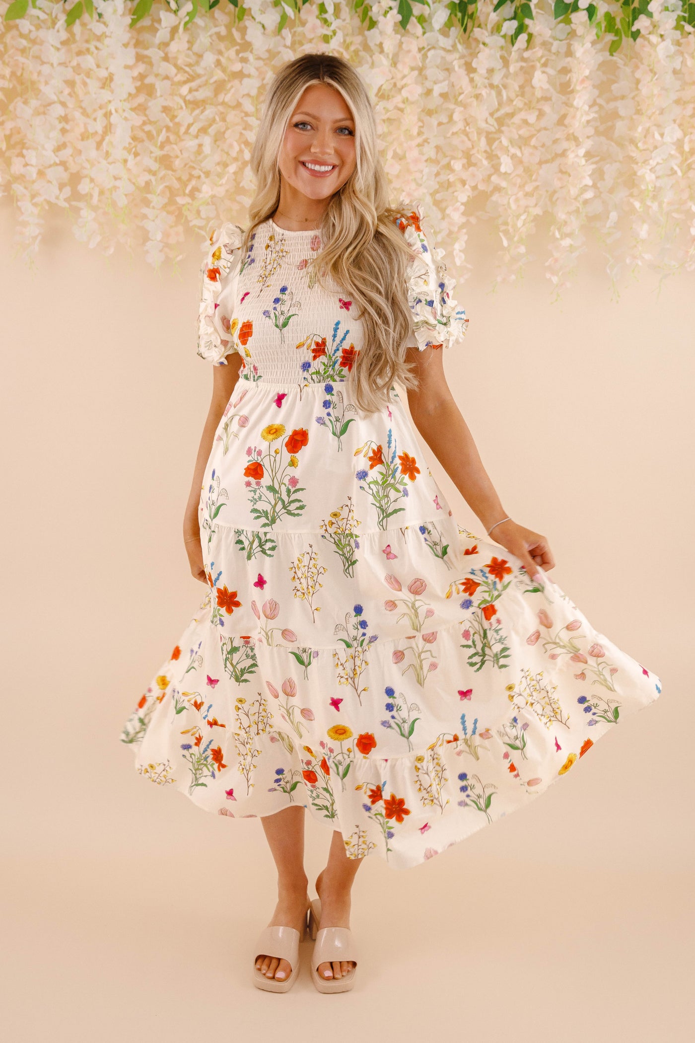 THML Floral Print Midi Dress- Women's Puff Sleeve Print Midi- Women's Spring Summer THML Dresses