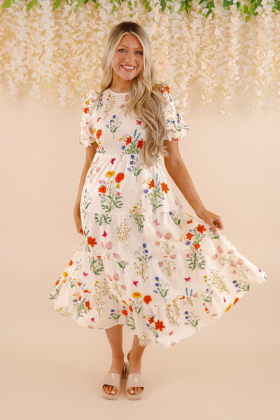 THML Floral Print Midi Dress- Women's Puff Sleeve Print Midi- Women's Spring Summer THML Dresses