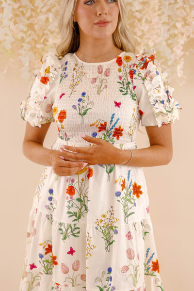 THML Floral Print Midi Dress- Women's Puff Sleeve Print Midi- Women's Spring Summer THML Dresses
