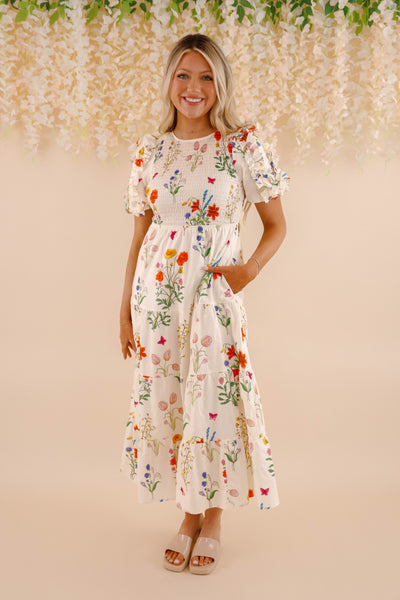 THML Floral Print Midi Dress- Women's Puff Sleeve Print Midi- Women's Spring Summer THML Dresses