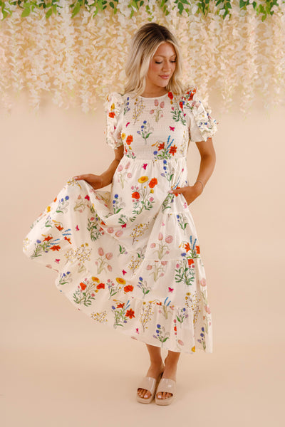THML Floral Print Midi Dress- Women's Puff Sleeve Print Midi- Women's Spring Summer THML Dresses