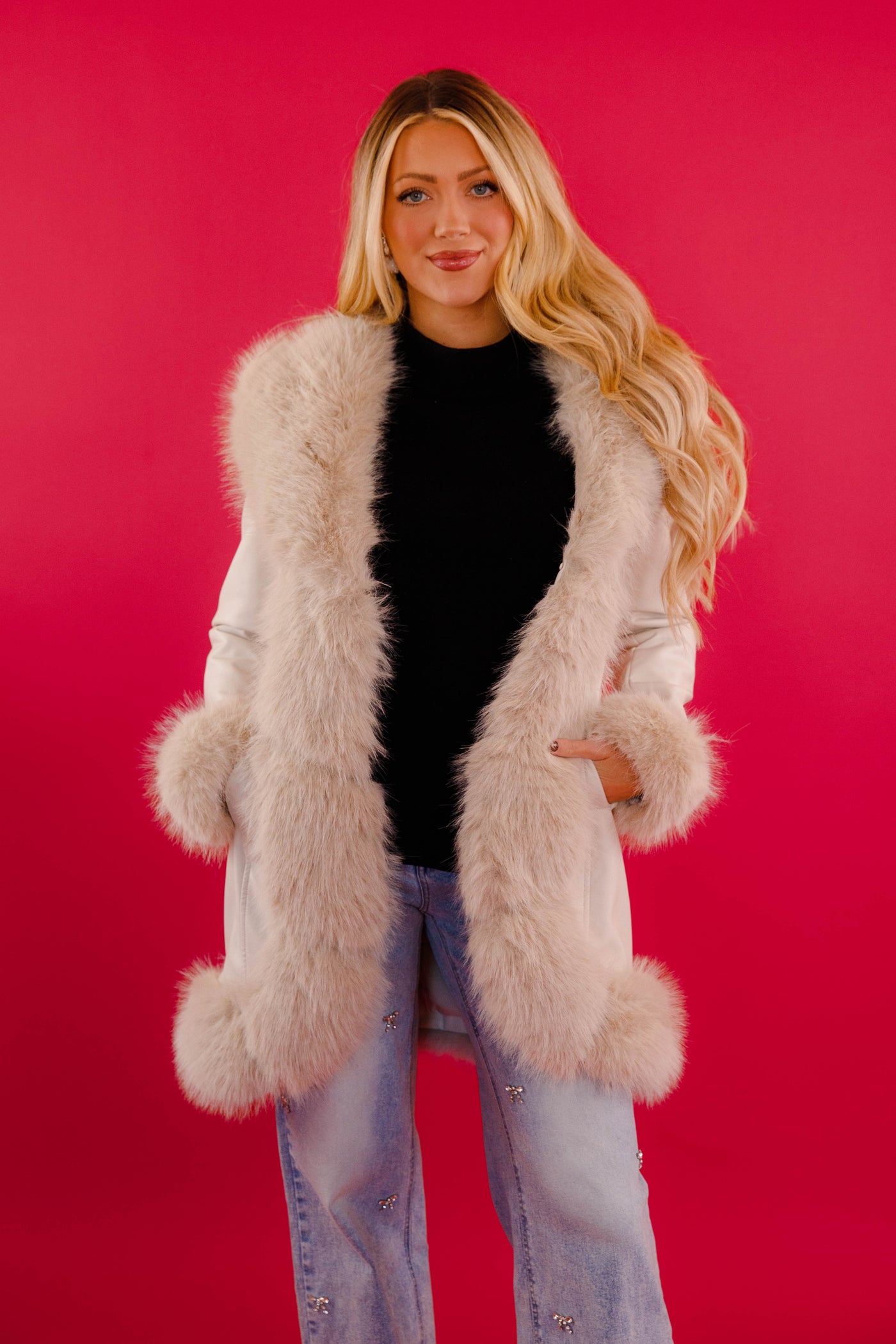 Women's Cream Leather Jacket With Fur Trim- Women's Luxurious Long Coat- Coalition Leather Fur Coat