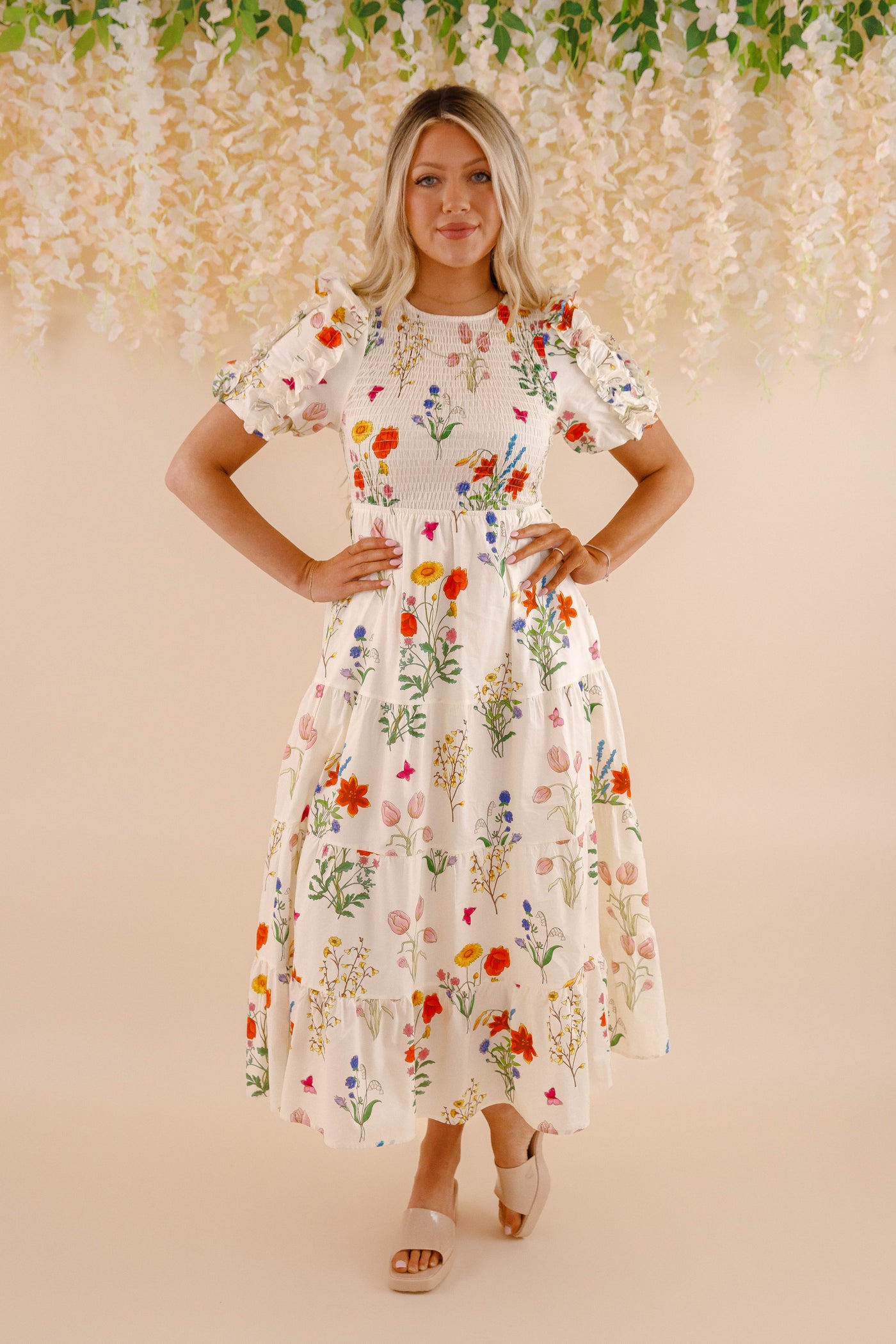 THML Floral Print Midi Dress- Women's Puff Sleeve Print Midi- Women's Spring Summer THML Dresses