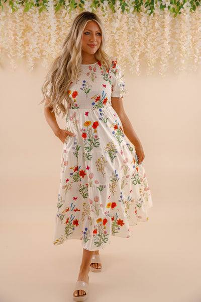 THML Floral Print Midi Dress- Women's Puff Sleeve Print Midi- Women's Spring Summer THML Dresses