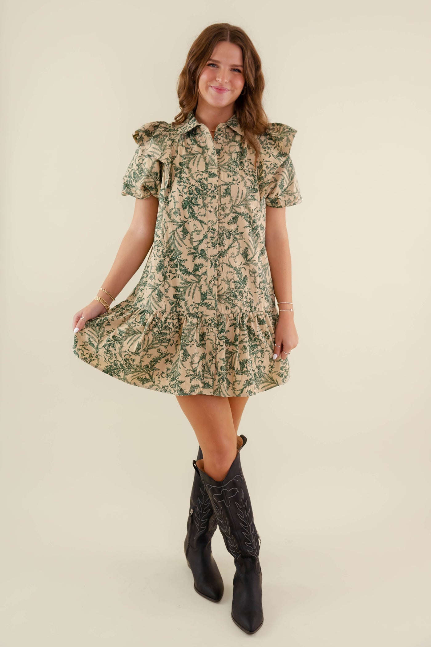 Green Floral Print Ruffle Dress- Women's Printed A-Line Dress- Entro Dresses