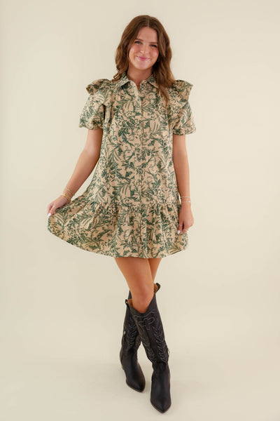 Green Floral Print Ruffle Dress- Women's Printed A-Line Dress- Entro Dresses