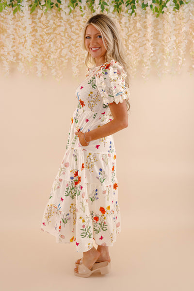 THML Floral Print Midi Dress- Women's Puff Sleeve Print Midi- Women's Spring Summer THML Dresses