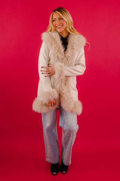 Women's Cream Leather Jacket With Fur Trim- Women's Luxurious Long Coat- Coalition Leather Fur Coat